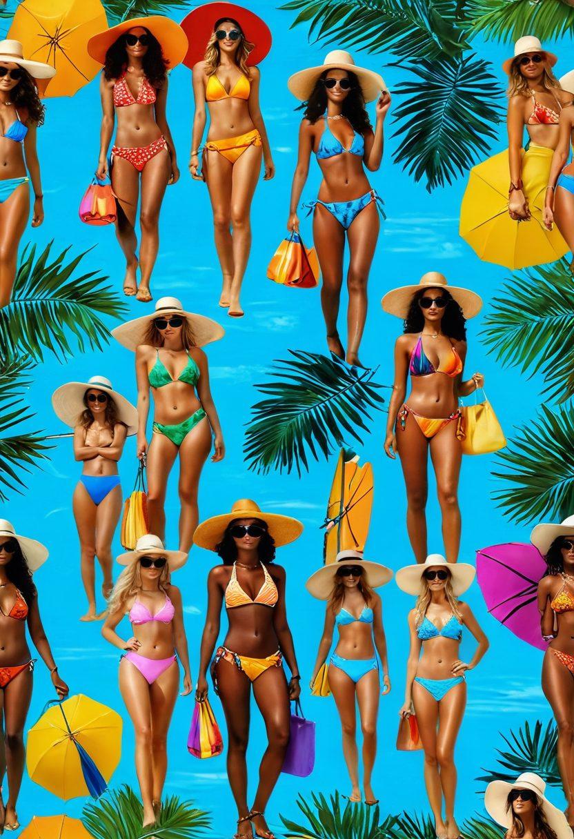 A stylish beach scene featuring diverse models showcasing chic swimwear in vibrant colors, adorned with trendy accessories like sun hats, oversized sunglasses, and colorful beach bags. The sun shines brightly, illuminating a backdrop of palm trees and a clear blue ocean. Add playful beach elements like colorful beach umbrellas and surfboards in the mix. super-realistic. vibrant colors. summer vibe.
